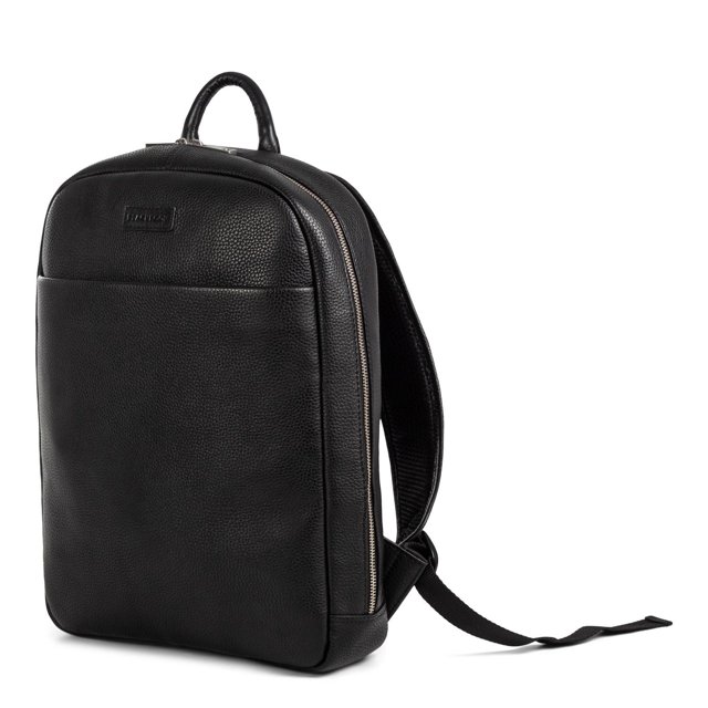 Blackbook - Horizon 2 - Leather Backpack - Black shown in a 3/4 profile view, made of pebble grain black leather with a front slip pocket with magnetic closure, padded adjustable shoulder straps, a top handle, and a luggage trolley sleeve, suitable for carrying most 14-inch laptops and ideal for business or weekend use.