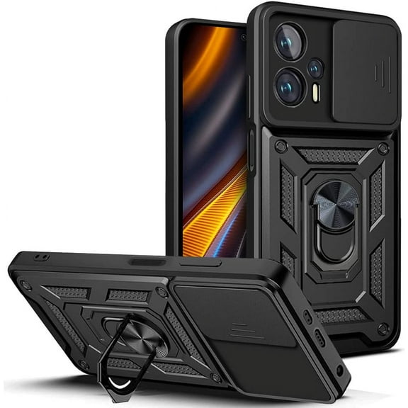 Sturdy Case for Xiaomi Poco X4 GT 5G with Slide Camera Window, Heavy Duty Protection Phone Cover Case with Ring Stand for Xiaomi Poco X4 GT SJ Black