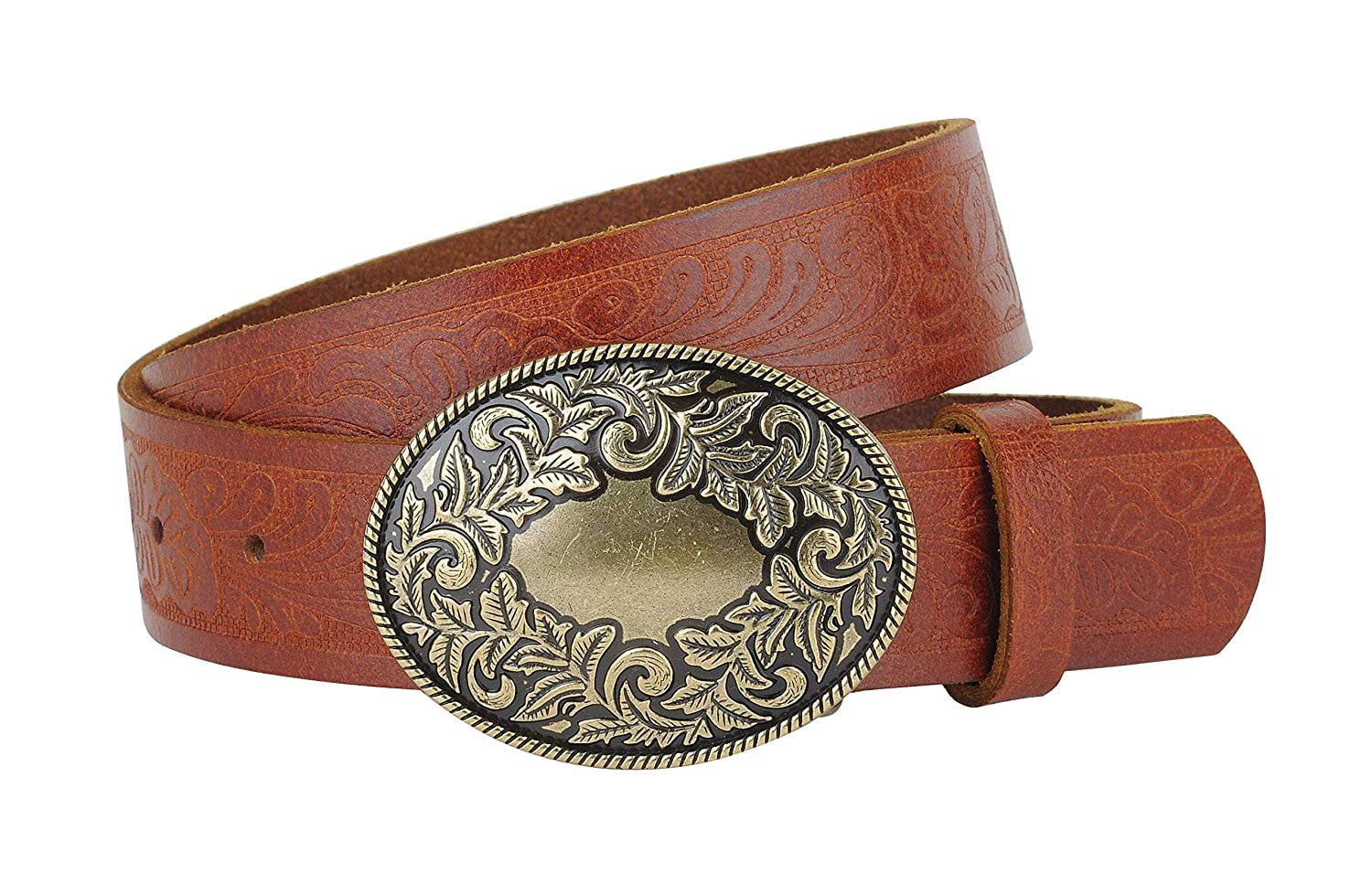 Women's Western Tooled Leather Belt with Round Floral Design Buckle ...