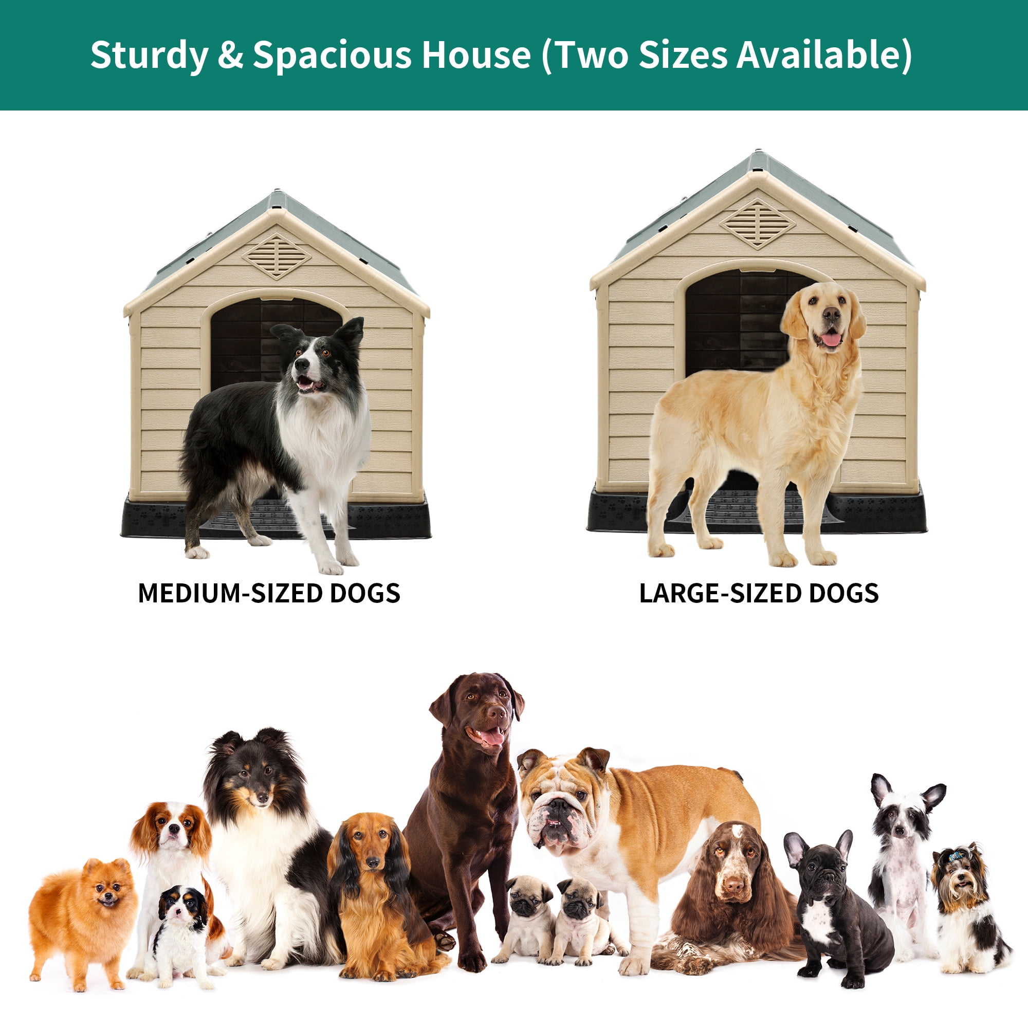Dextrus Large Plastic Dog House Outdoor Indoor Doghouse Puppy Shelter Water Resistant Easy Assembly Sturdy Dog Kennel with Air Vents and Elevated Floor (41''L*38''W*39''H, Gray+Brown)