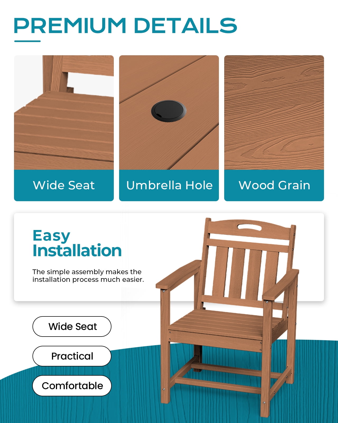 Harbweb 7pc HDPE Outdoor Dining Set, All-Weather Wood Grain Patio Furniture, Teak