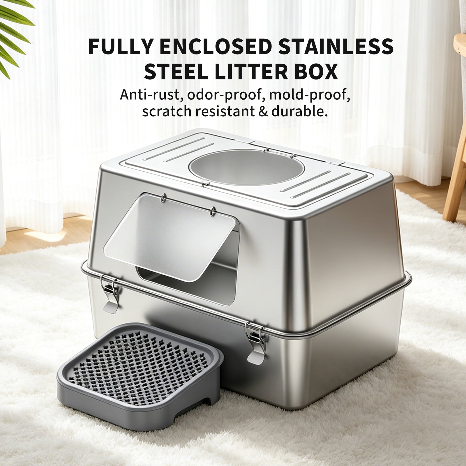 Stainless Steel Litter Box with Lid, Fully Enclosed Metal Cat Litter Box, Leak-Proof, Clumping Litter for Large, Multi-Cats