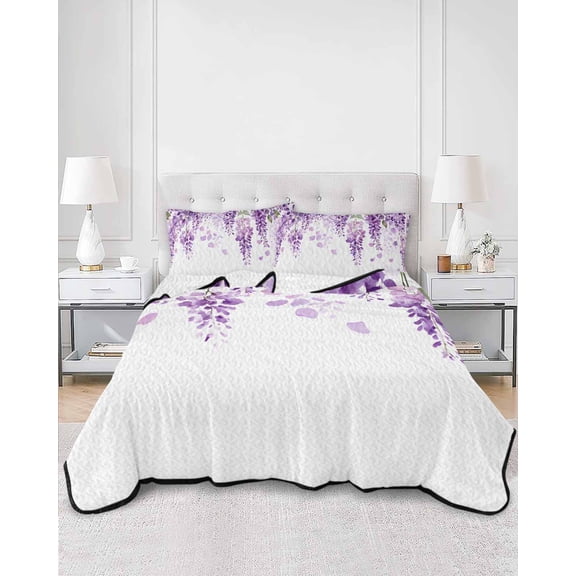Quilts King Size, Wisteria Flowers Soft Comforter Bedding Set for Bed, Purple Floral Warercolor Summer Lightweight Quilted Bedspread with Pillow Cover(2 Pieces) for All Season, 96x106 Inch