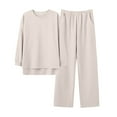 thumbnail image 4 of successthop Womens Matching Lounge Set with Pants Solid Color Crewneck Long Sleeve Shirts and Wide Leg Long Pants Basic Travel Pajamas Lounge Set Loungewear Summer Outfits, 4 of 6
