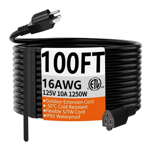 HUANCHAIN 100 FT 16 Gauge Black Indoor Outdoor Extension Cord Waterproof, Flexible Cold Weather 3 Prong Electric Cord Outside, 10A 1250W 125V 16AWG SJTW, ETL Listed