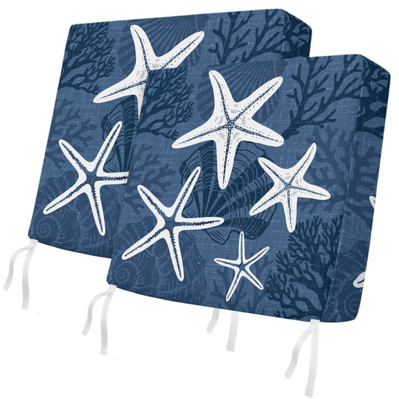 Outdoor Patio Cushion Covers 2 Pack Navy Blue Linen Ocean Starfish Chair Pads Slipcovers with Ties & Zipper Waterproof Coastal Coral Conch Seat Cushion Covers for Outdoor Couch Sofa 22x20 Inch