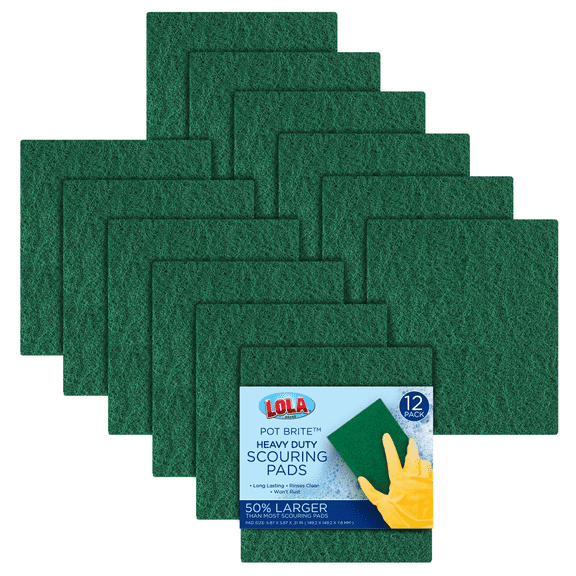 LOLA Pot Brite Jumbo Scouring Pad, 6"X6", Heavy-Duty Nylon Fiber Scrubber -12 CT