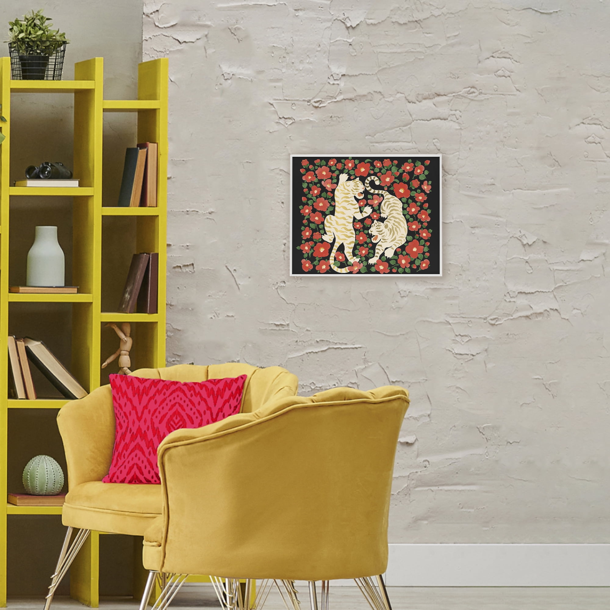 Stupell Industries Ivory Twin Tigers Among Flowers White Framed Giclee Art, design by Karolina Sato