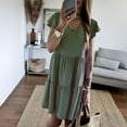 thumbnail image 2 of Fultter Short Sleeve Summer Casual Dress for Women V-Neck Tiered Flowy Loose Fit Solid Knee Length Dresses Green,S, 2 of 5