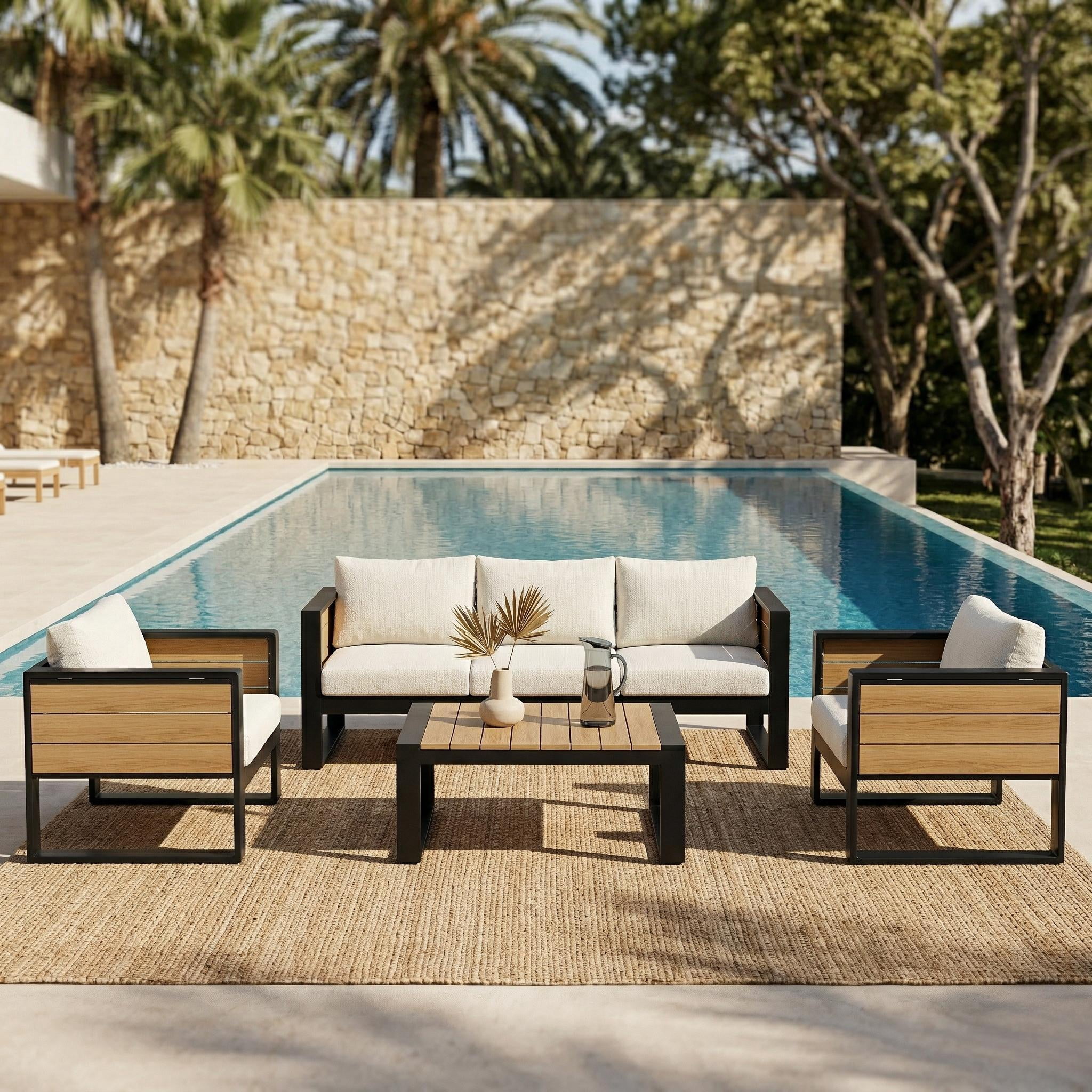 Mintazer 4-Piece Aluminum Patio Conversation Set with Tables & Sofa and 2 Armchairs, Modern Outdoor Furniture Set with Cushions for Patio Garden Balcony Backyard, Beige & Natural