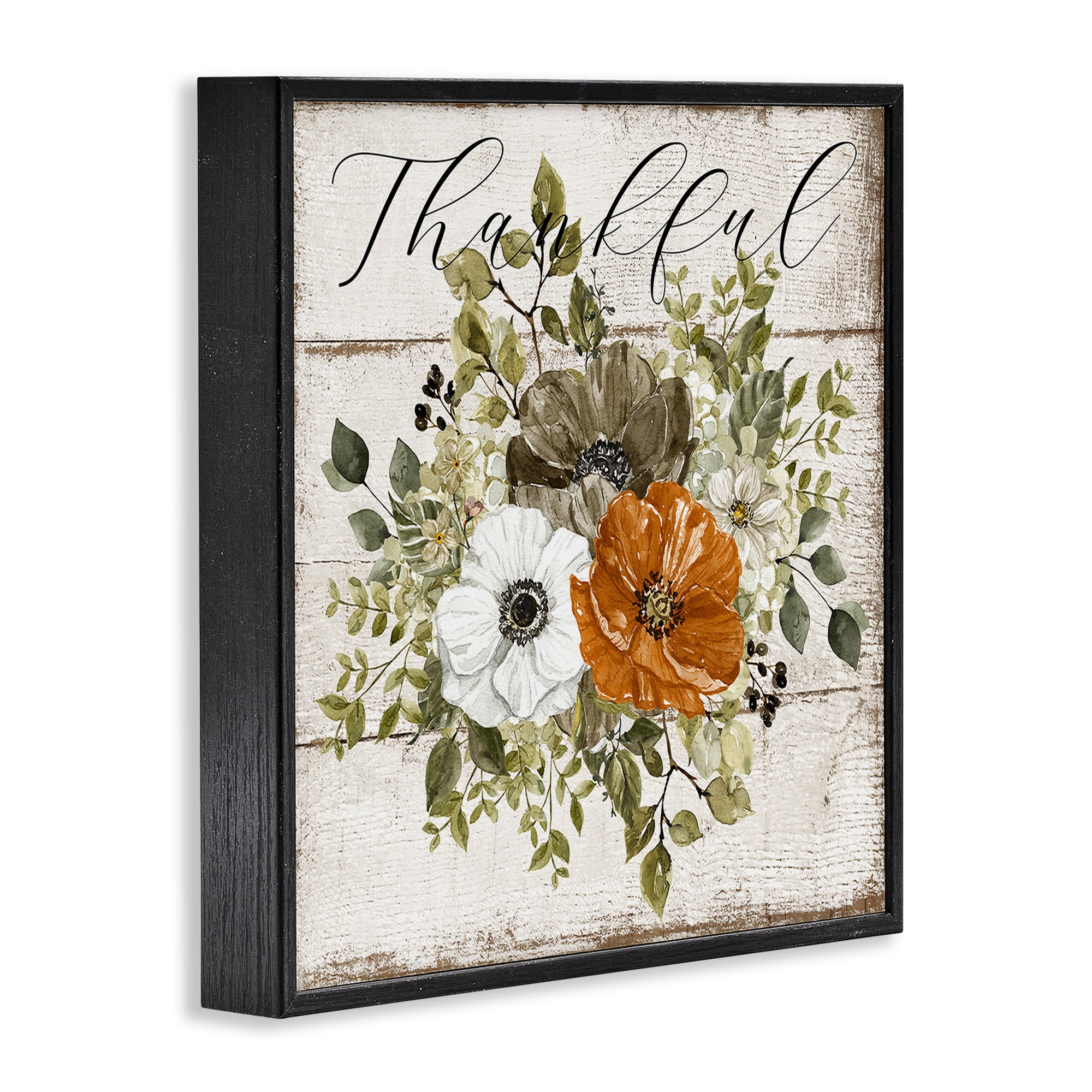 Stupell Industries Thankful Floral Pumpkin Holiday Painting Black Framed Art Prints Wall Art, 17 x 17