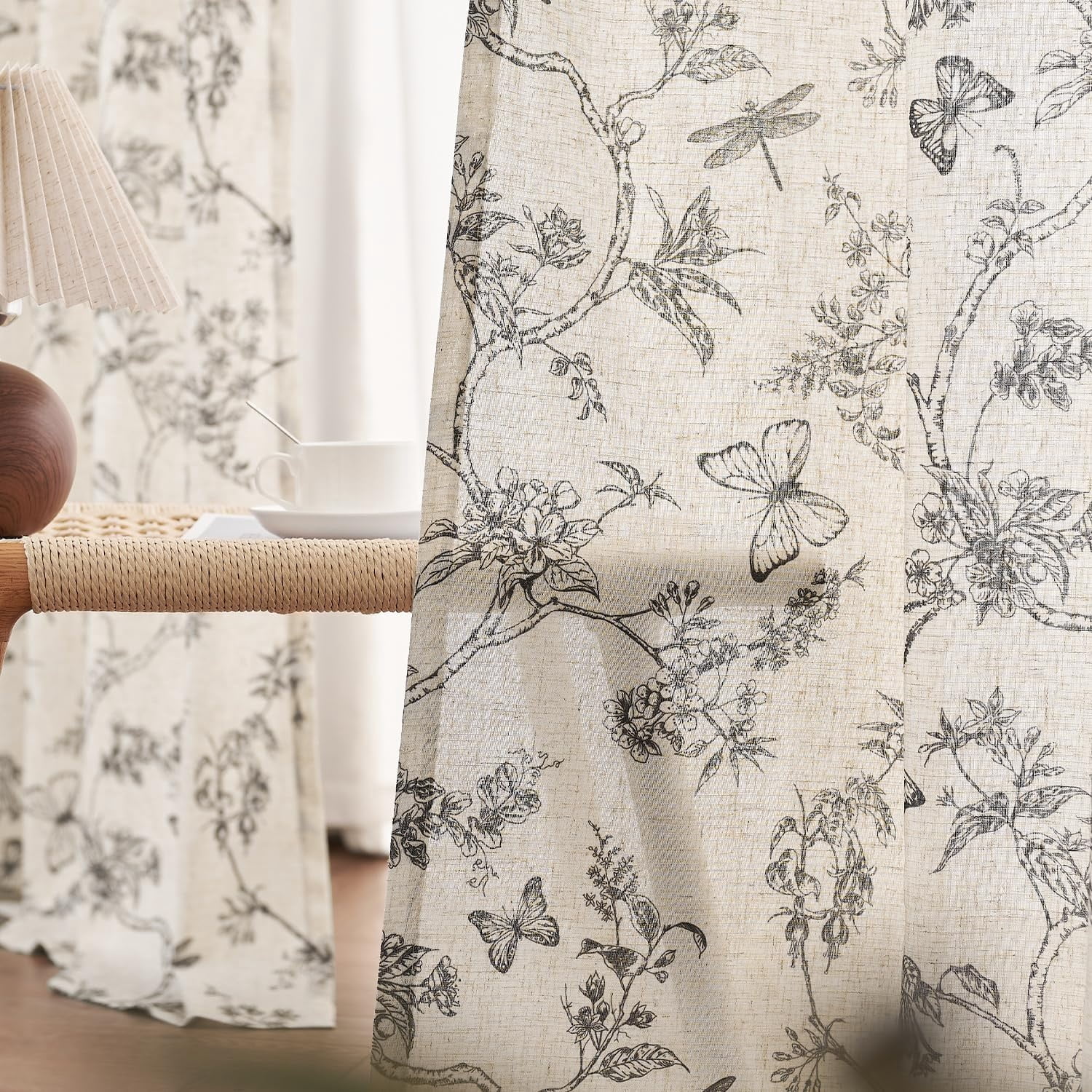 Black Floral Curtains 84 Inch Length Linen Farmhouse Curtain Back Tab Drapes for Living Room Bedroom Light Filtering Vintage Rod Pocket Curtains, 2 Panels, Black on Beige