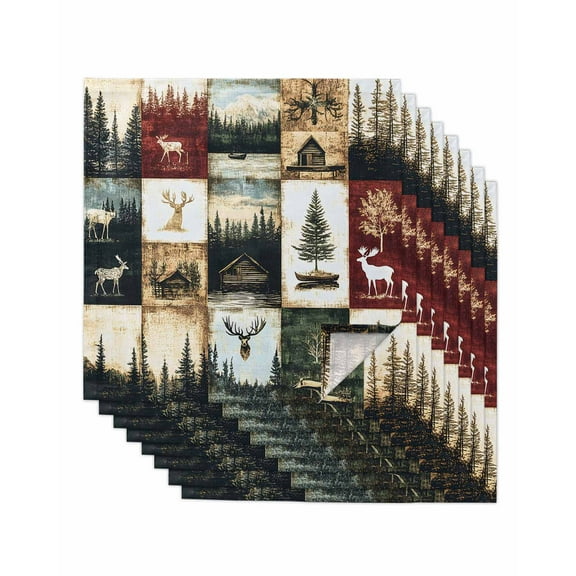 nqOlkjepod Forest Elk Cloth Napkins Set of 8 Reusable Dinner Napkins, Farmhouse Pine Tree Rustic Green Red Cocktail Napkin Washable Table Napkins for Wedding/Holiday Party/Baby Shower 20"x20"