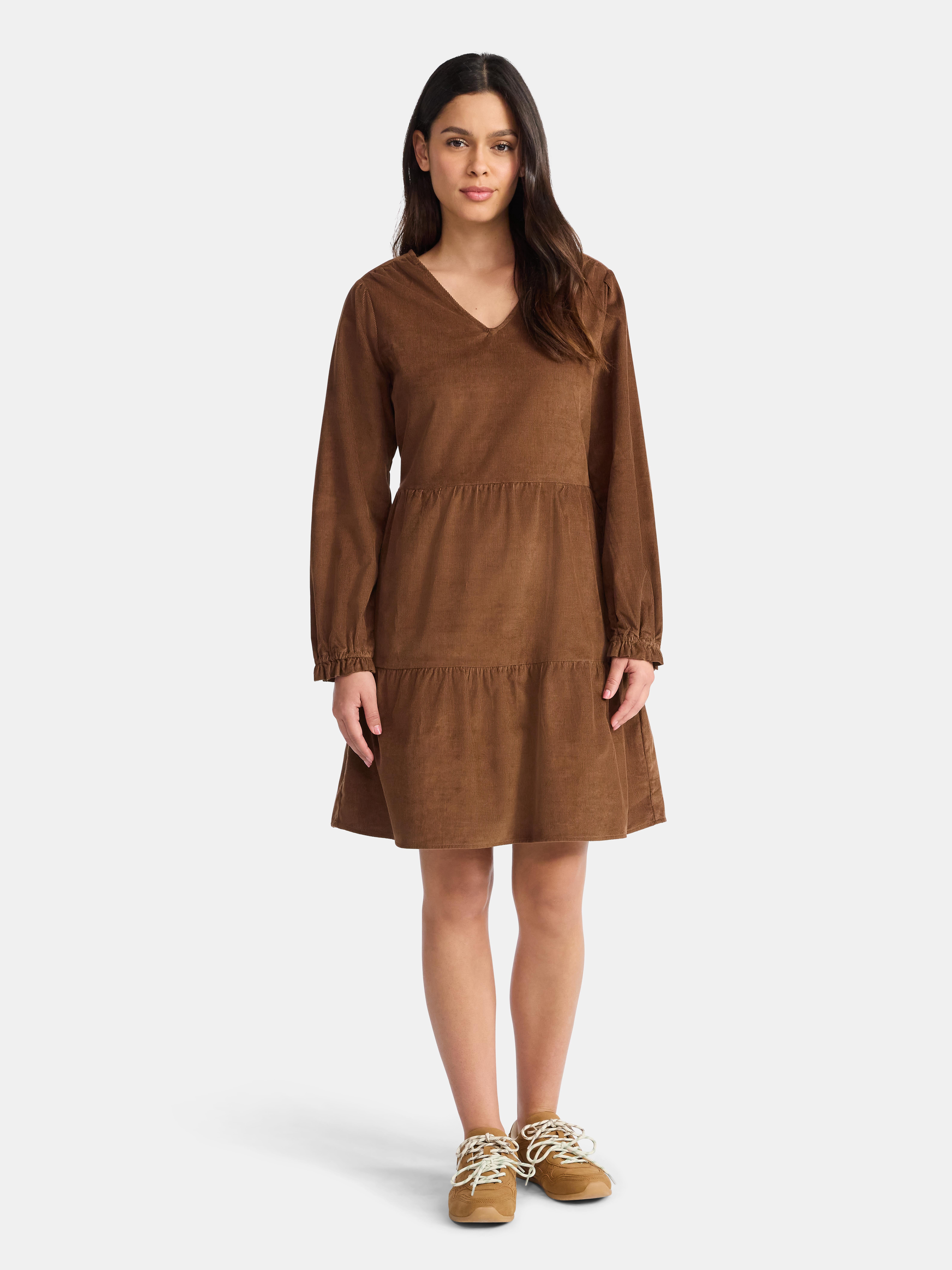Time and Tru Women's Tiered Corduroy Dress with Long Sleeves, Sizes XS-XXXL