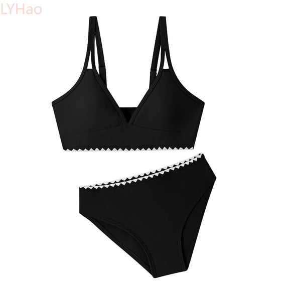 LYHao Girls Swimsuits V Neck Double Strap Design Cute Girls Bikini Swim Two Piece With Chest Pad,2 Piece Bathing Suit 9-10 Years Black