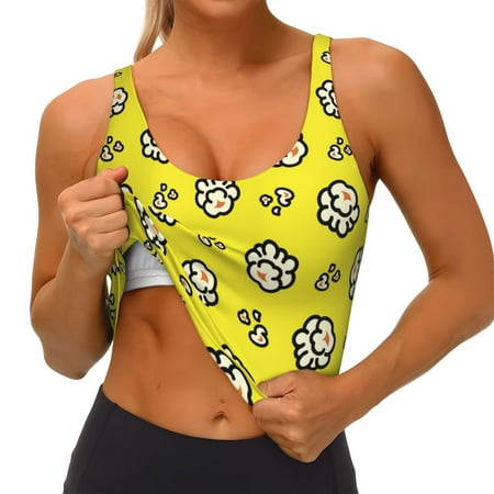Qokaie White Popcorn Pattern Womens Scoop Neck Sports Bra Breathable Workout Vest Padded U Back Medium Impact Fitness Gym Yoga Bra Workout Crop Top