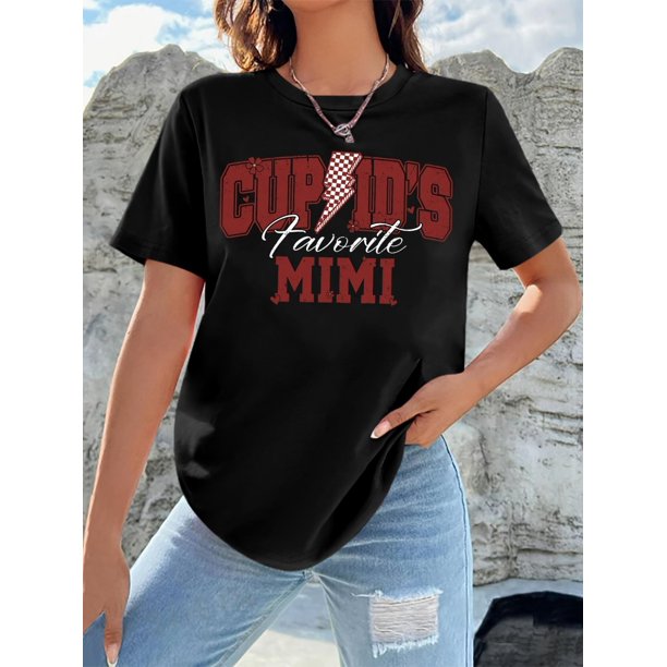 Chic Valentine's Day 'Cupid's Favorite Mimi' Women's Black T-Shirt - Stylish Love Expression, Casual Crew Neck Short Sleeve Top, 100% Cotton, Perfect for Spring & Summer Wear, Valentine's Day T-Shirt