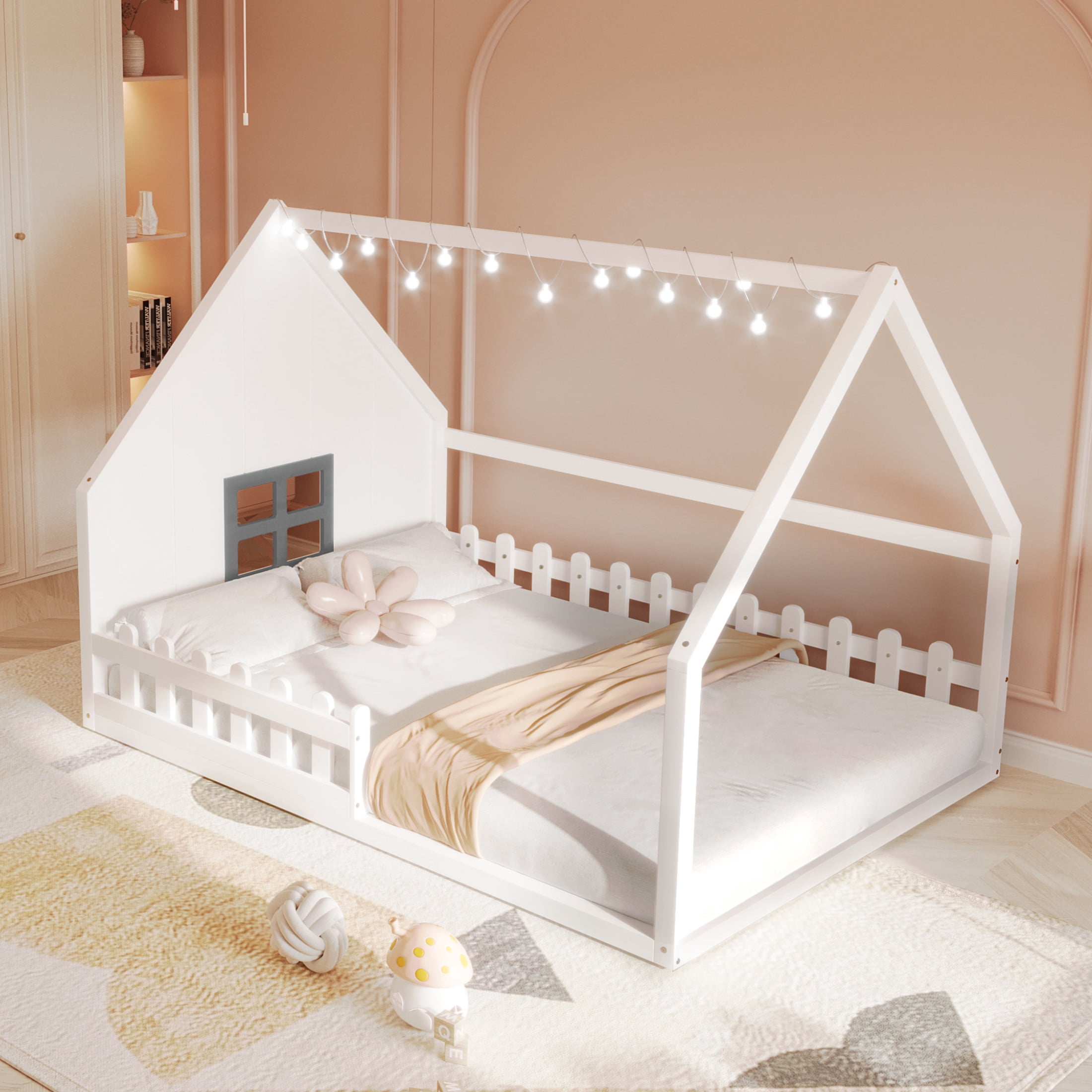 Noble House Full Size Wood House Bed with Window and Fence Guardrails, Safety Design for Kids, White