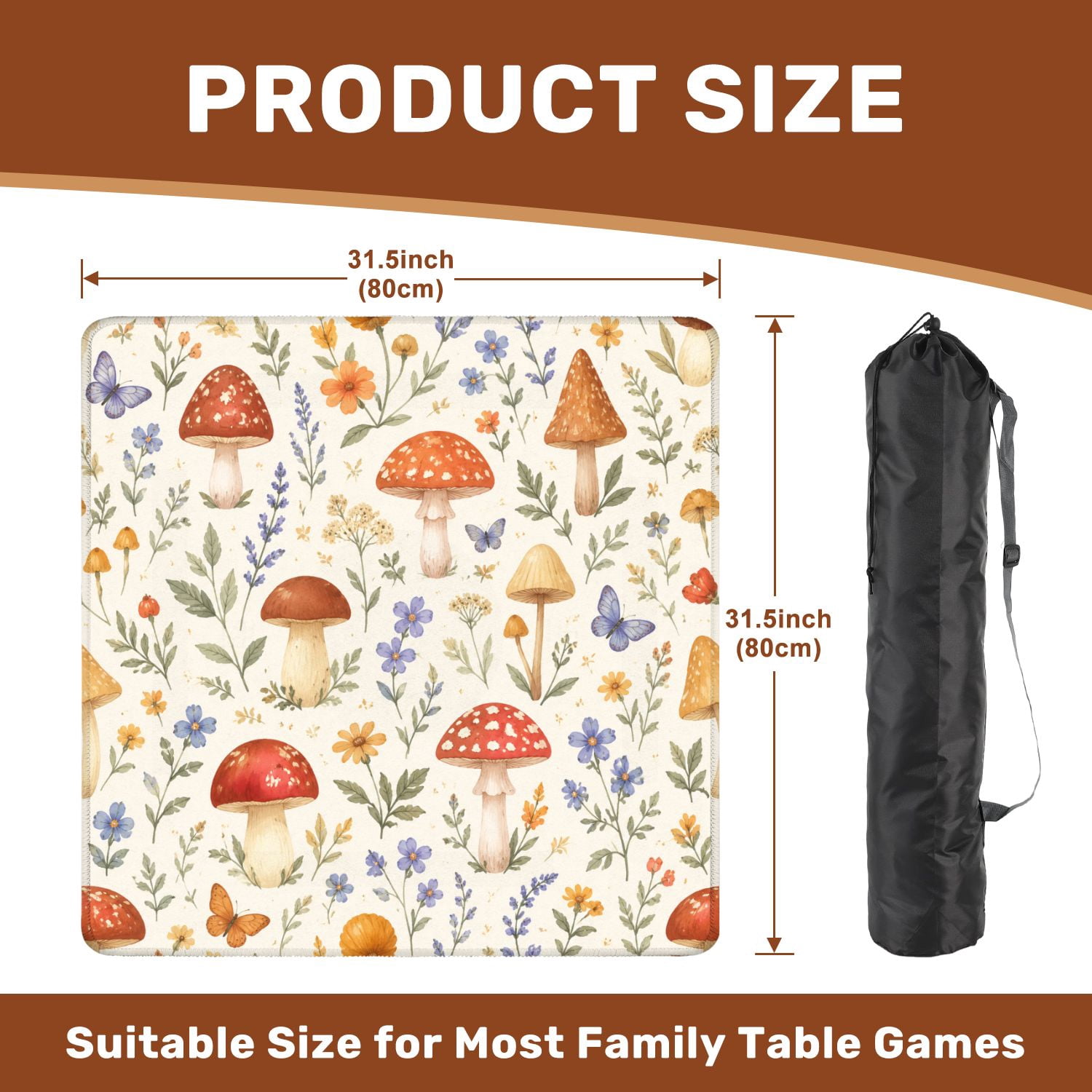 Mahjong Mat 31.5" x 31.5" Whimsical Mushroom Wildflower Seamless Soft Watercolor Cottagecore Non-Slip Noise Reduction American Mahjong Tiles Table Cover for Dominoes Poker Card Board Games Gift
