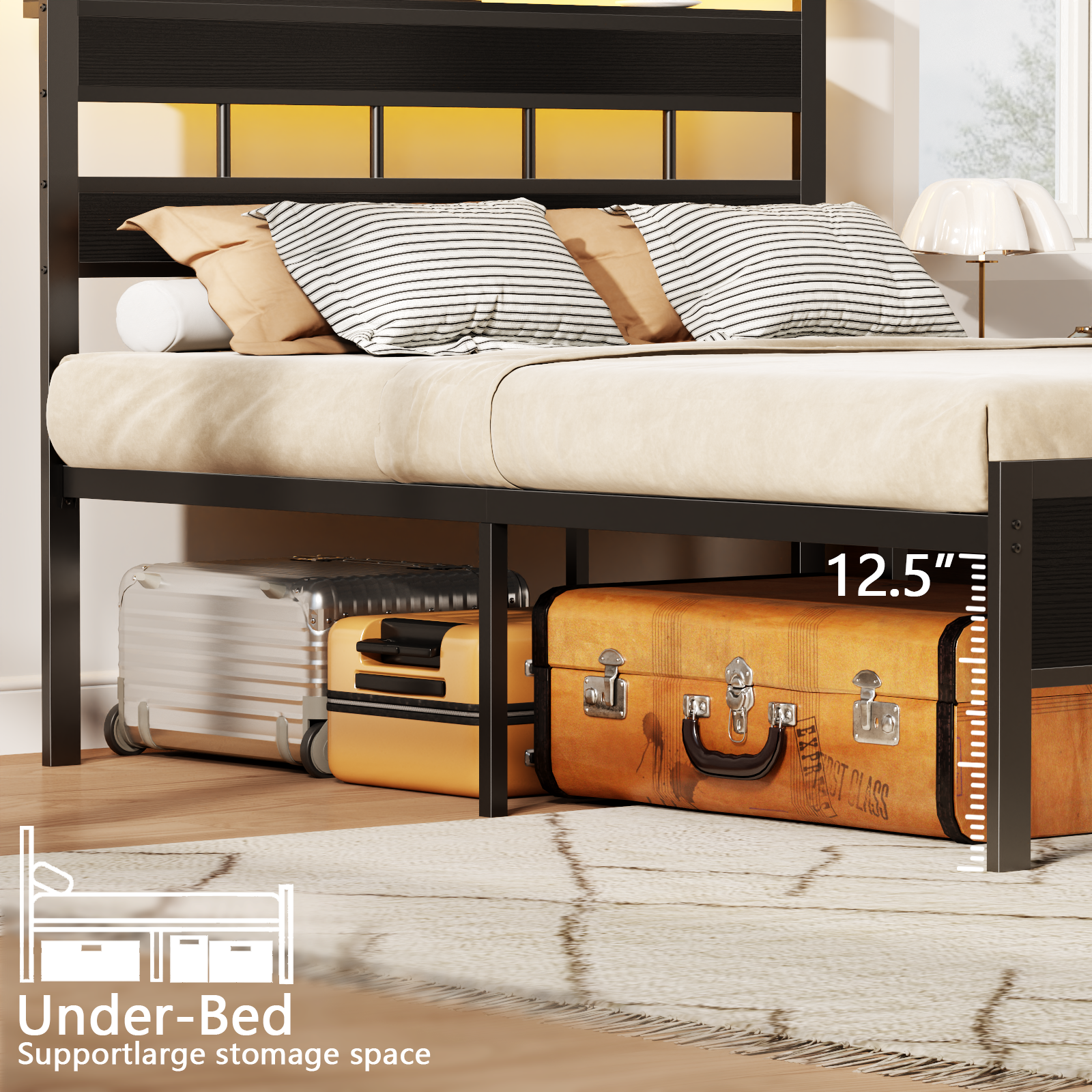 Satifur Full Size Bed Frame with Storage Headboard and LED photo 4