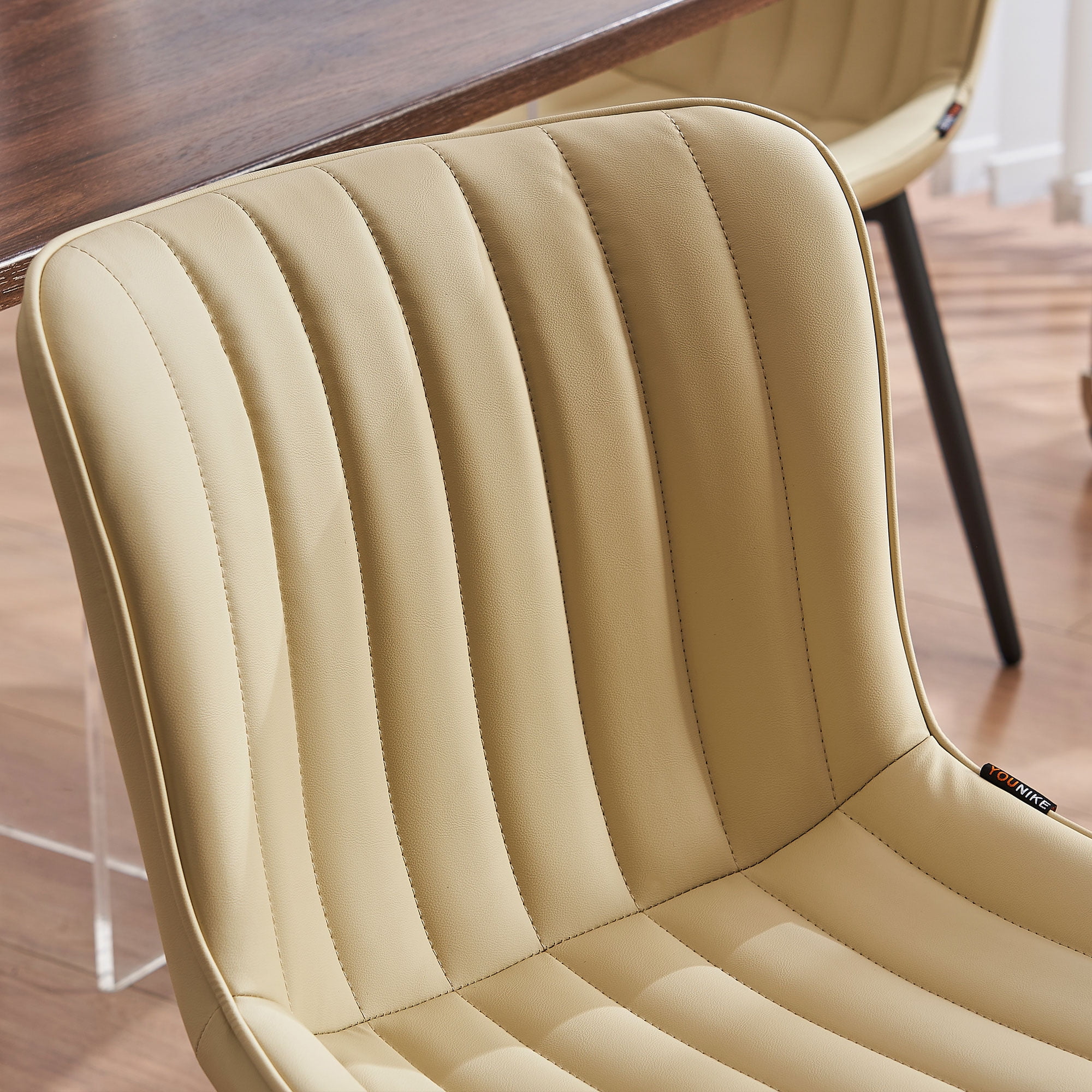YOUNIKE Soft Dining Chair Set of 2 Faux Leather Upholstered Wide Back Kitchen Chair, Beige
