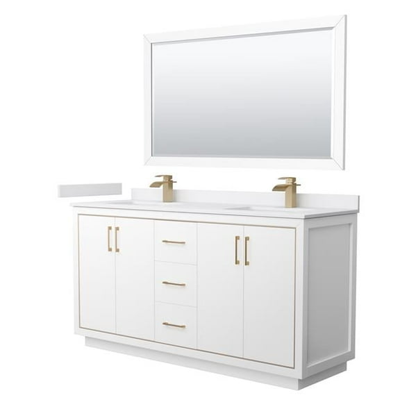 66 in. Icon Double Bathroom Vanity, White, White Cultured Marble Countertop, Undermount Square Sinks & Satin Bronze Trim - 58 in. Mirror