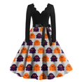 thumbnail image 2 of Halloween Dresses for Women Pumpkin Printed Long Sleeve Scary Tea Length Dress Bone 1950s V-Neck Spooky Dresses with Belt L, 2 of 5