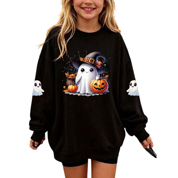 dazeni Funny Ghost Pumpkin Pattern Sweatshirts for Kids Girls Oversized Crewneck Sweatshirt Loose Casual Long Sleeve Tunic Pullover Black 11-12 Years