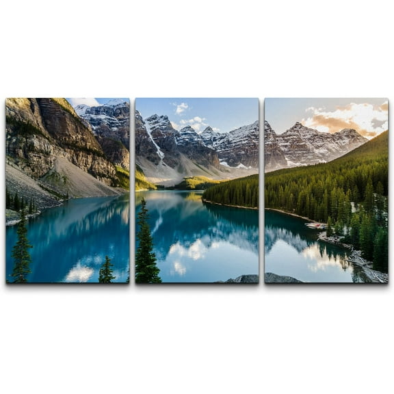 wall26 - 3 Piece Canvas Wall Art - Landscape View of Moraine Lake and Mountain Range at Sunset in Canadian Rocky Mountains - Modern Home Art Stretched and Framed Ready to Hang - 24"x36"x3 P