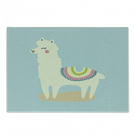 Animal Cutting Board, Nursery Themed Happy Cartoon Smiling Fluffy Alpaca Nature Funny Animal on Blue, Decorative Tempered Glass Cutting and Serving Board, in 3 Sizes, by Ambesonne