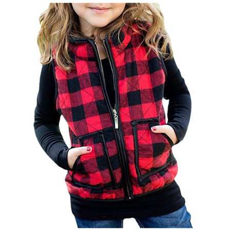 

EHTMSAK Toddler Baby Boy Girl s Pockets Sleeveless Vest Children Zip Up Plaid Fall Winter Outerwear Flannel Hooded Jackets Red 1Y-5Y 90