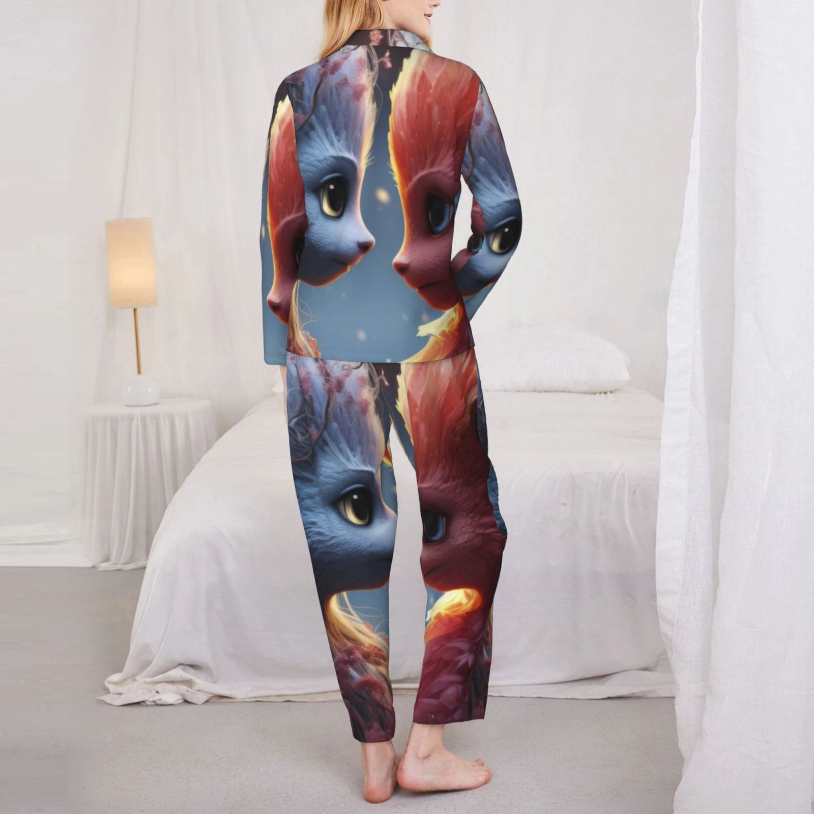 Rateoe Cute Red And White Elf Pattern Womens Pajamas Set Long Sleeve Sleepwear Button Down Nightwear Soft Cotton Pj Lounge Sets