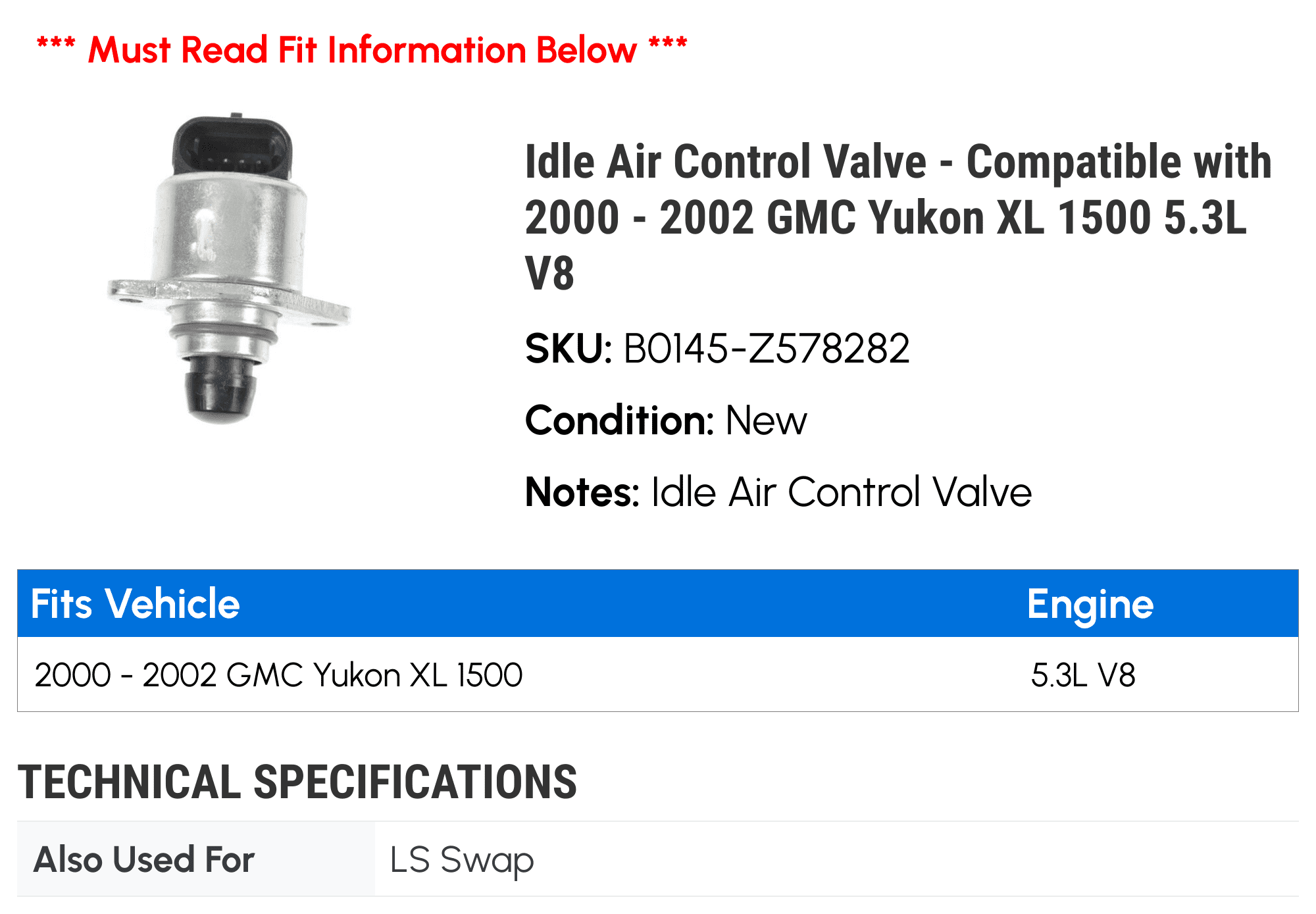 Idle Air Control Valve - Compatible with 2000 - 2002 GMC Yukon XL 1500 5.3L V8 2001