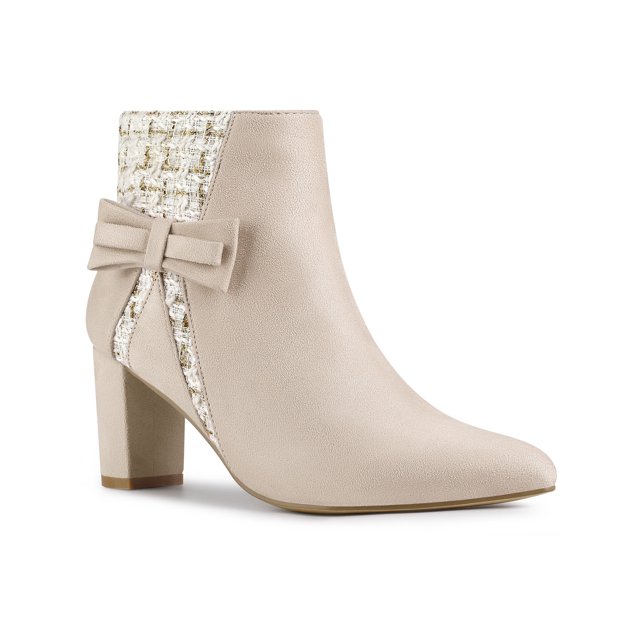 BLISSFUL STEP Women's Pointed Toe Plaid Block Heels Ankle Boots Beige 8
