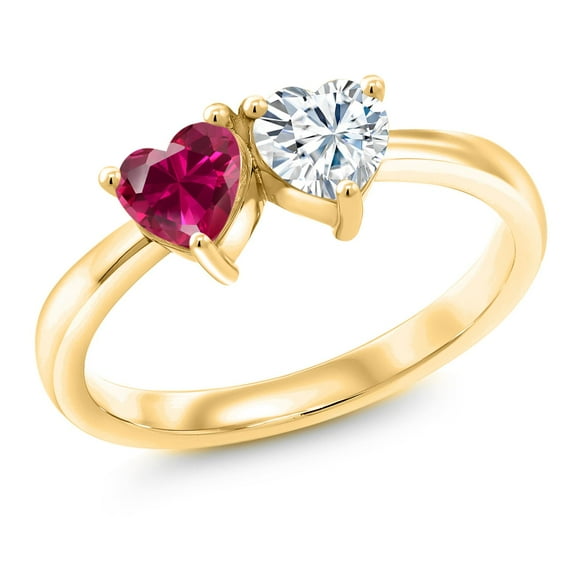 Gem Stone King 18K Yellow Gold Plated Silver Fashion Right-Hand Ring Heart Shape Red Created Ruby and Moissanite (1.02 Cttw, Size 6)