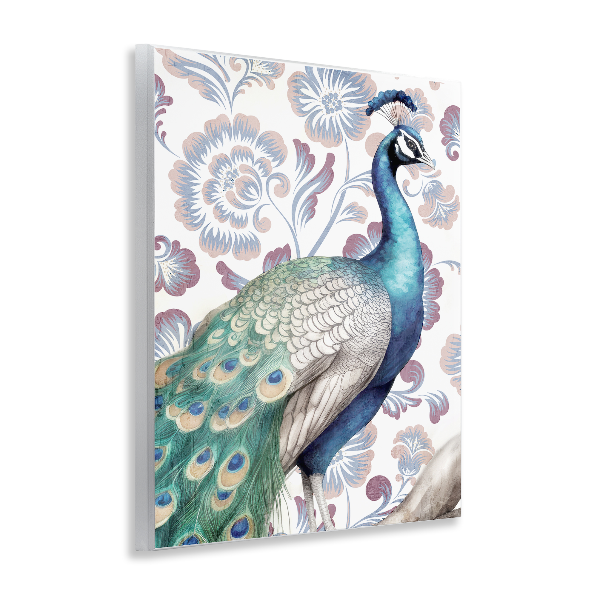 Stupell Industries Peacock on Vintage Florals Animals Painting Unframed Art Print Wall Art, 11 x 14