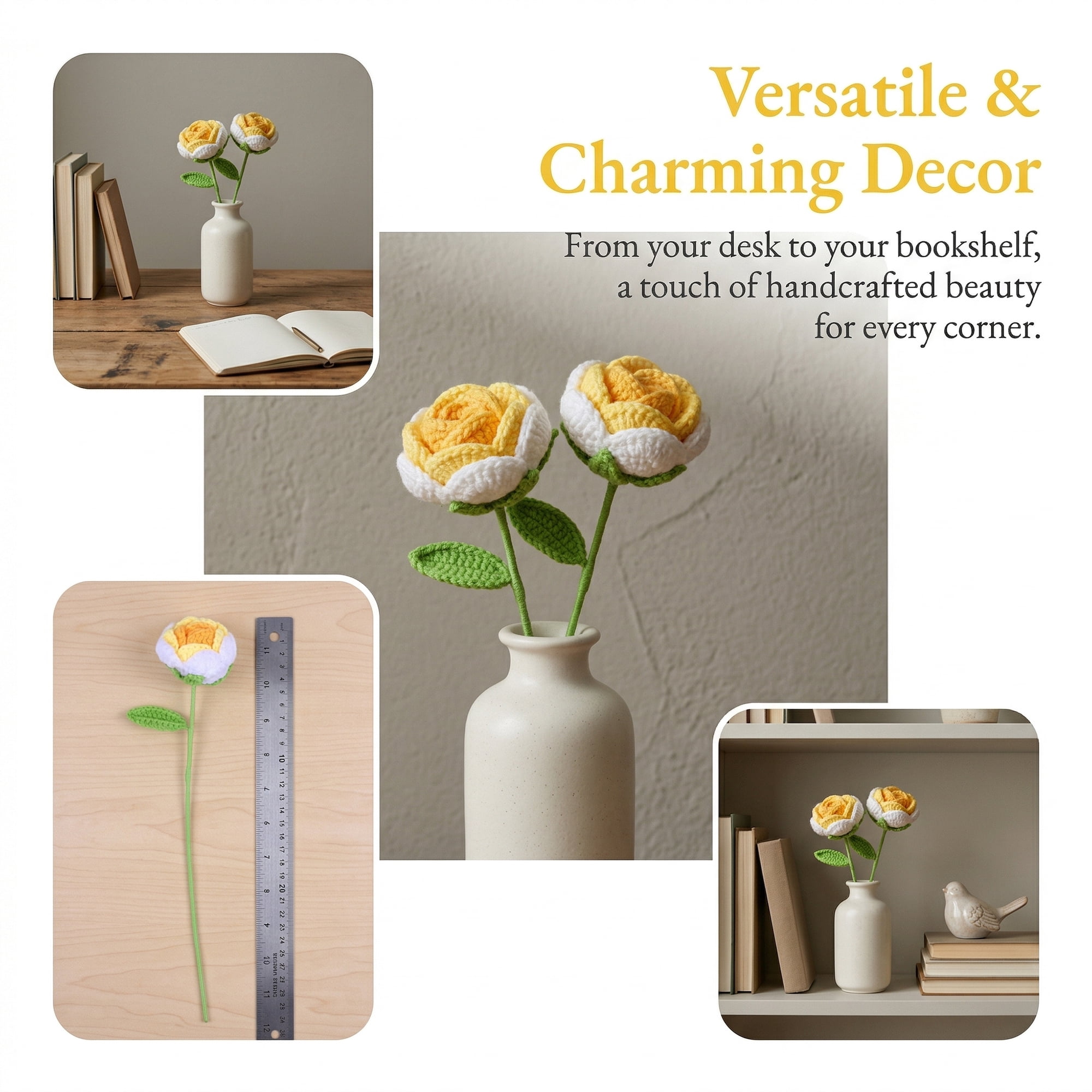 Unique Bargains 2Pcs Handmade Crochet Long Stem Realistic Fake Roses Gradient Yellow