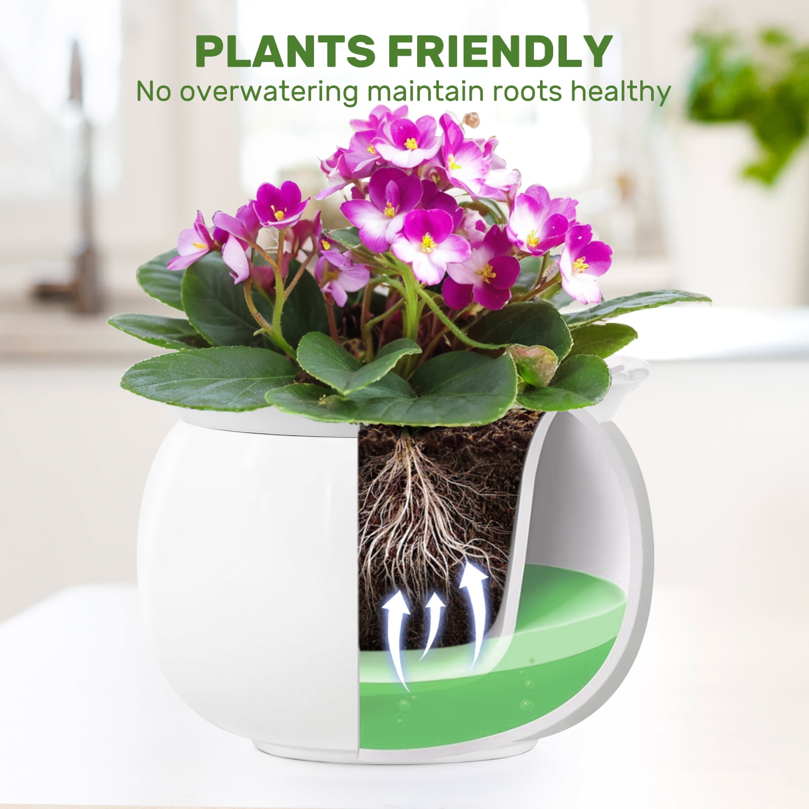 BUYMAX 8 in. Ceramics Self-Watering Planter,African Violet Pot for Beginners & Busy Plant Owners,White