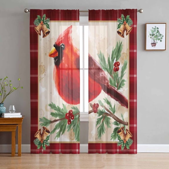 Christmas Cardinal Sheer Curtains 72 Inches Long, Winter Red Bird Vintage Xmas Berry Leaf Light Filtering Window Curtains for Living Room, Rod Pocket Voile Sheer Curtain Drapes, 52"Wx72"L, 2 Panels