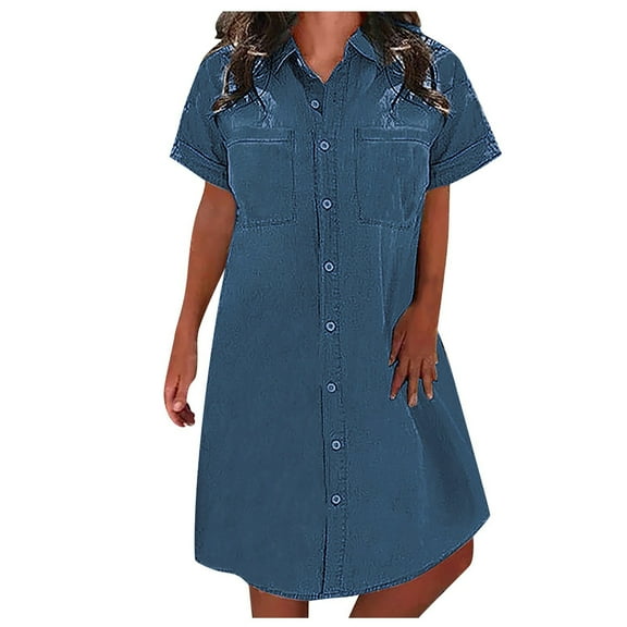 SnnmBlm Womens Denim Shirt Dresses with Pockets Short Sleeve Distressed Jean Dress Chambray Button Down Casual Tunic Tops Blue 2XL