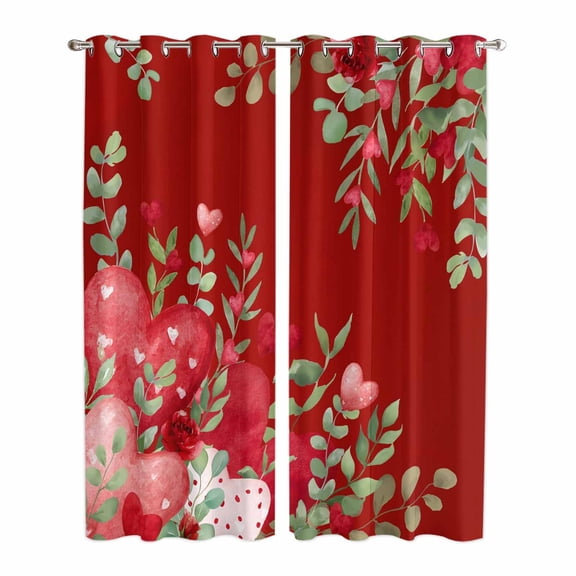 Love Heart Valentines Day Kitchen Curtains Window Panels, Botanical Eucalyptus Red Insulated Window Treatment Curtain, Grommet Curtains for Bedroom/Living Room/Bathroom, 2 Piece 42"Wx84"L