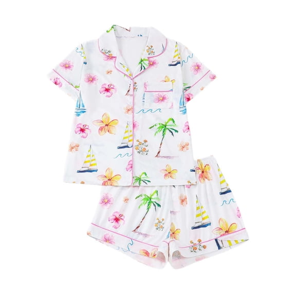 Bibifish Womens Pajama Sets Tropical Floral & Boat Printed Short Sleeve Sleepwear Sets Button Down Top With Shorts Vacation Themed 2 Piece Nightwear Sets