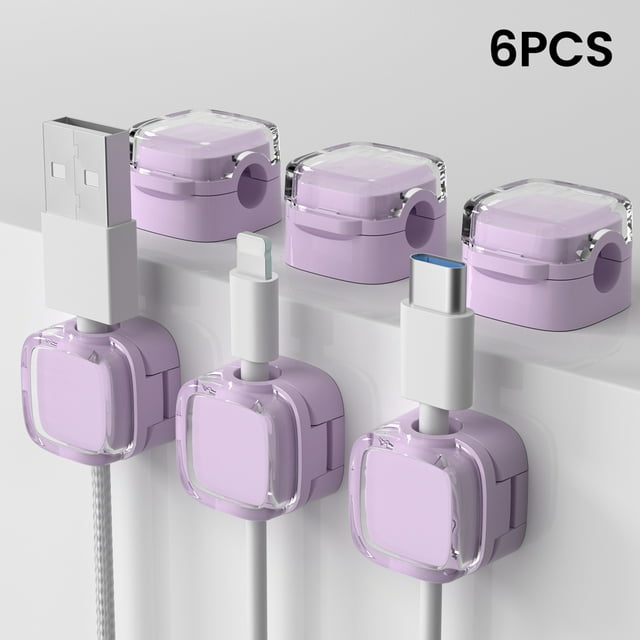 NAOJIE Cord Organizer,Cable Management,Cord Holder,6PC Nail-Free Data Line Magnetic Cable Clamping Device,Common for Many Occasions-Purple