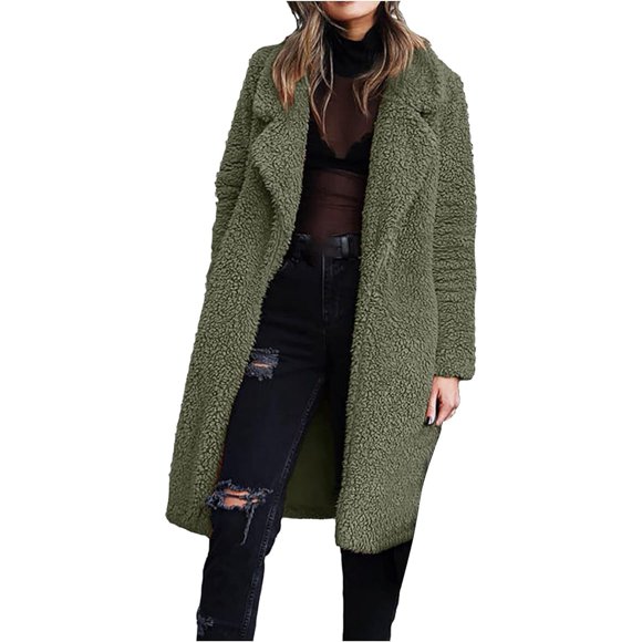 Coat For Women Sherpa Lined Jacket Fashion Coat Solid Color Oversized Clothes Open Front Long Coat(Green,S)
