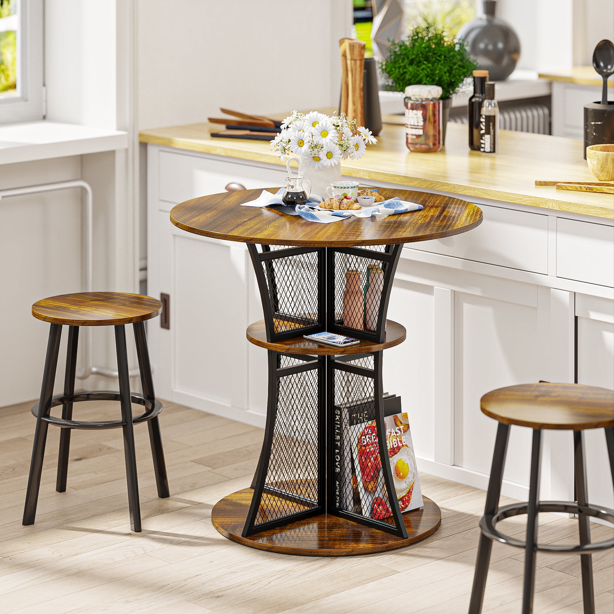 Yoneston 30-inch Round Bar Table, Wood Small Pub Table Metal Breakfast Nook Table with Storage Shelves for Dining Room Living Room Kitchen, Rustic Brown (Only Table)