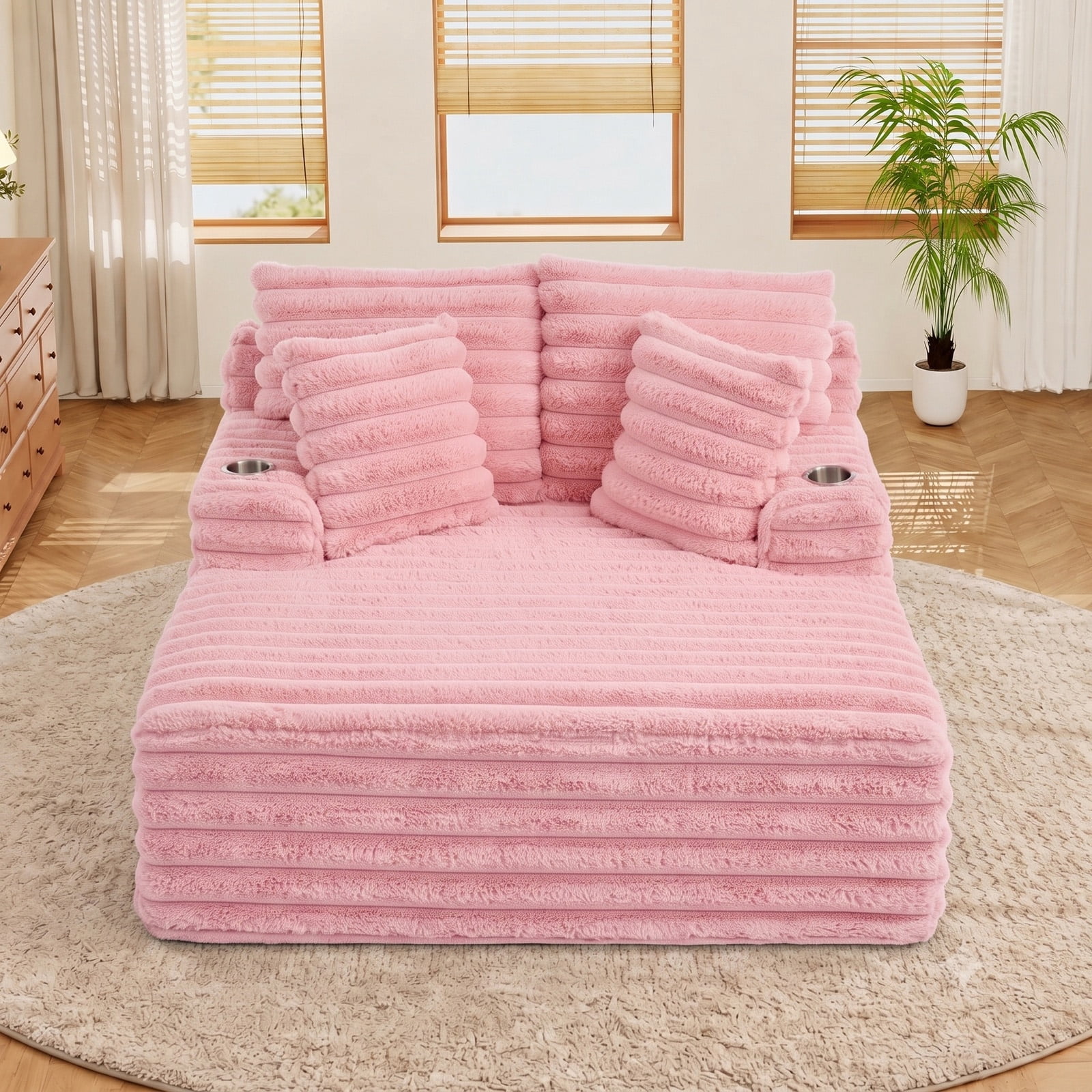 Lunale Oversized Chaise Lounge Chair Indoor Furniture, Boneless Cloud Couch with Cup Holders, Faux Fur Accent Chair for Living Room, Pink