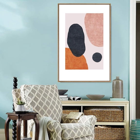 IDEA4WALL Framed Canvas Wall Art Blue, Pink & Orange Textured Spots Geometric Shapes Illustrations Modern Art Chic Colorful Pastels Print for Living Room, Bedroom, Office - 24"x36" Natural