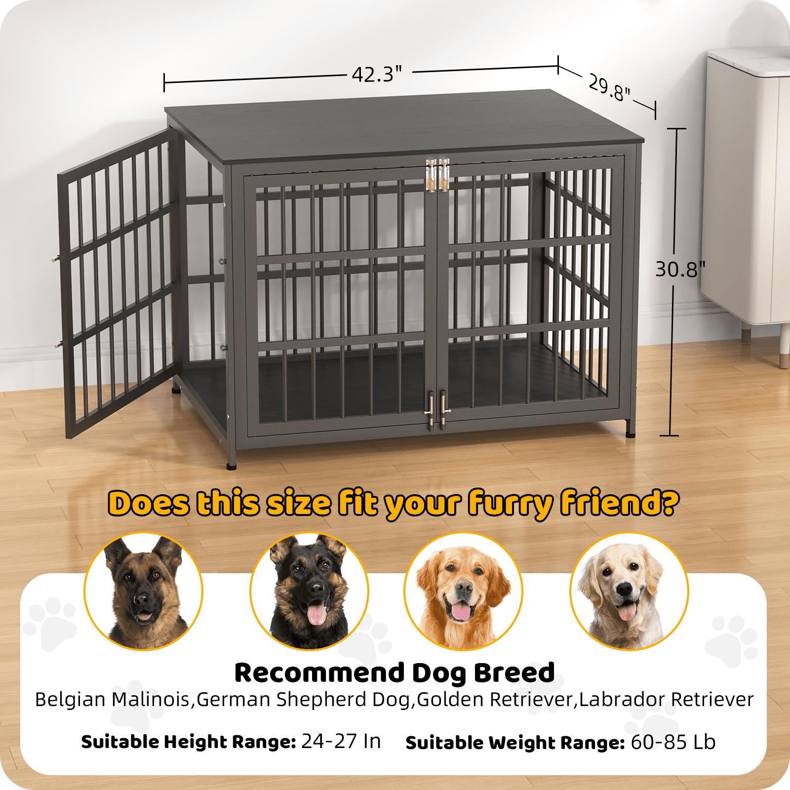 Ironovahome 42" Heavy Duty Dog Crate Furniture, Chew-Proof & Escape-Proof Wooden Dog Cage with Safe Locks & Double Doors, XL Indoor Dog Kennel Pet House for Large Dogs Up to 85lb, Black
