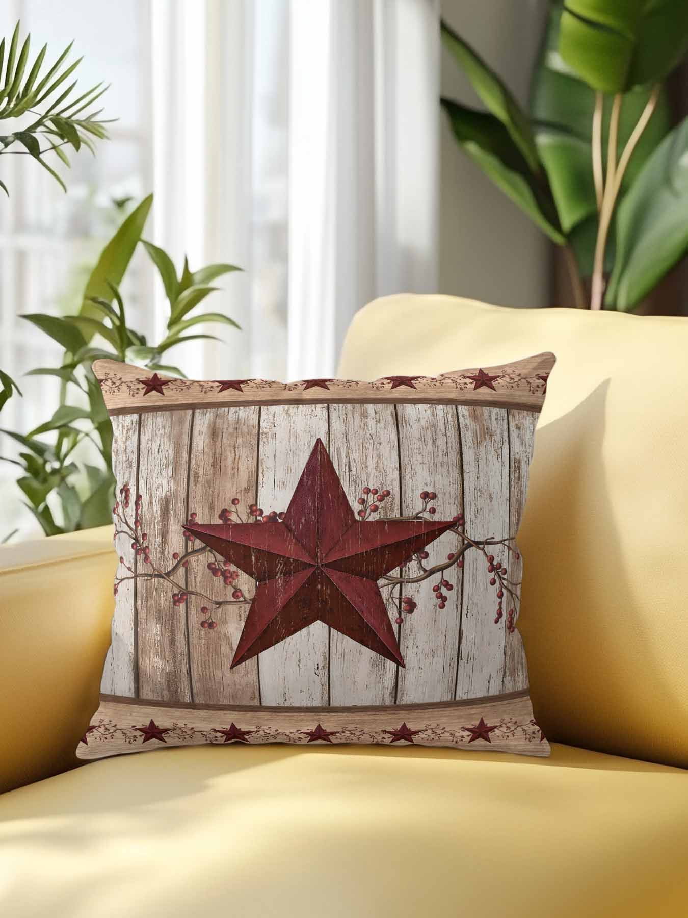 Outdoor Pillows Waterproof, Red Texas Star Vintage Bedding Throw Pillows with Insert for Couch Sofa Bed, Farmhouse Berry Brown Wooden 16x16 Inch Pillowcases Decorative Camping Patio Pillow Set of 1