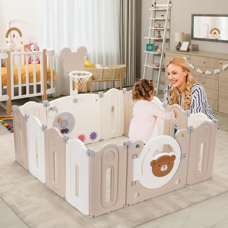 LAZY BUDDY 14 Panels Foldable Baby Playpen, Toddler Safety Activity Center Baby Play Yard Baby Fence with Gate